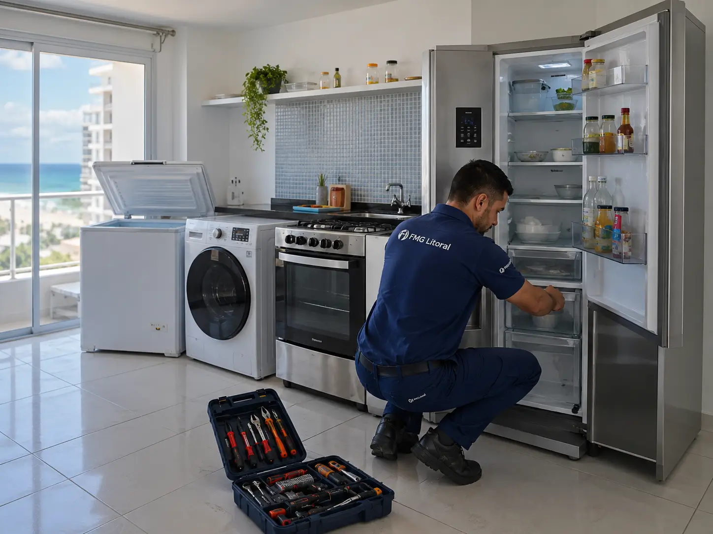 Técnico da FMG realizando manutenção em geladeira
