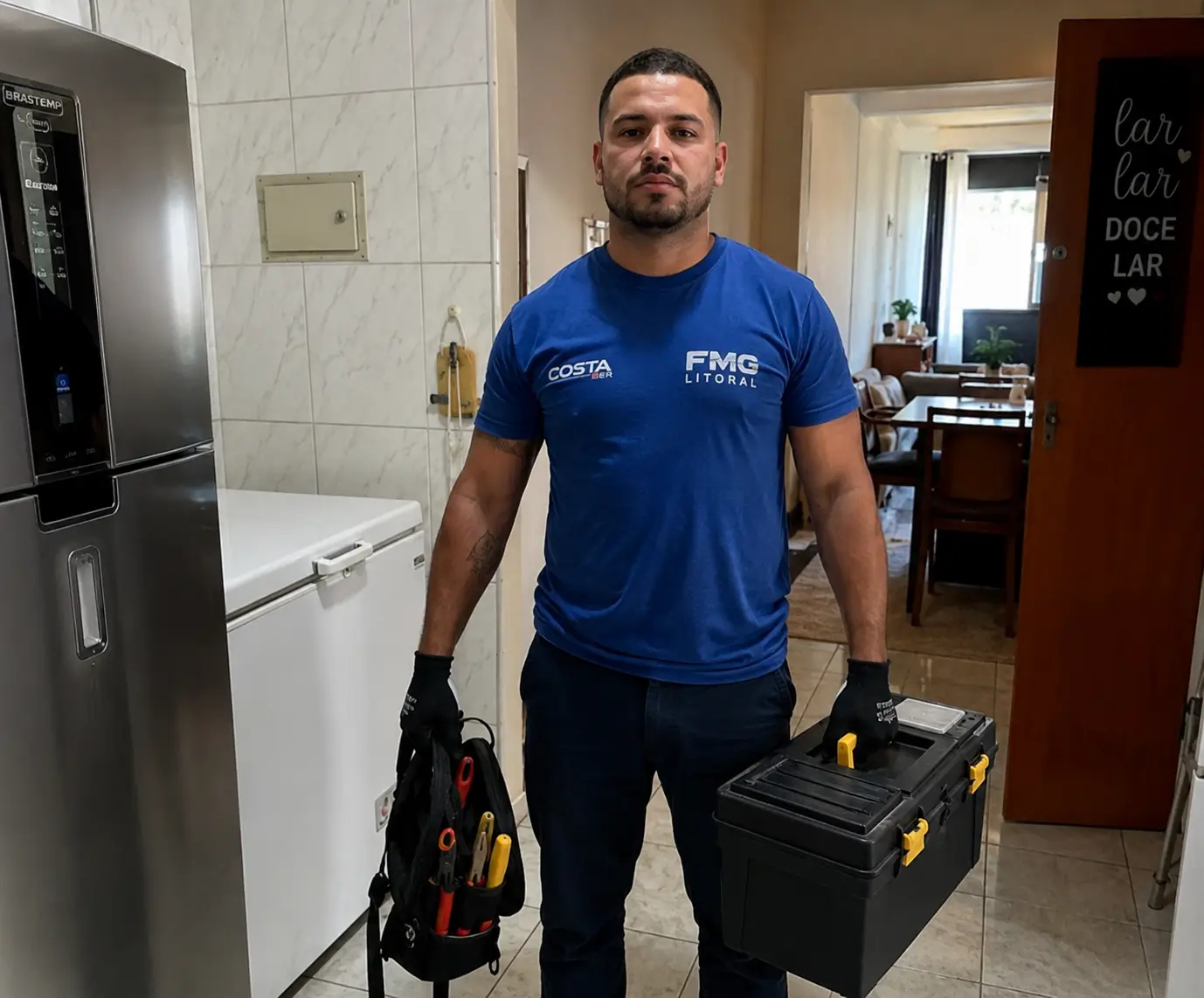 Técnico da FMG realizando diagnóstico técnico em eletrodoméstico
