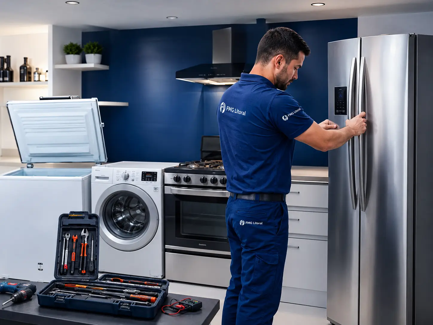 Técnico da FMG realizando manutenção em geladeira, com fogão, máquina de lavar e freezer