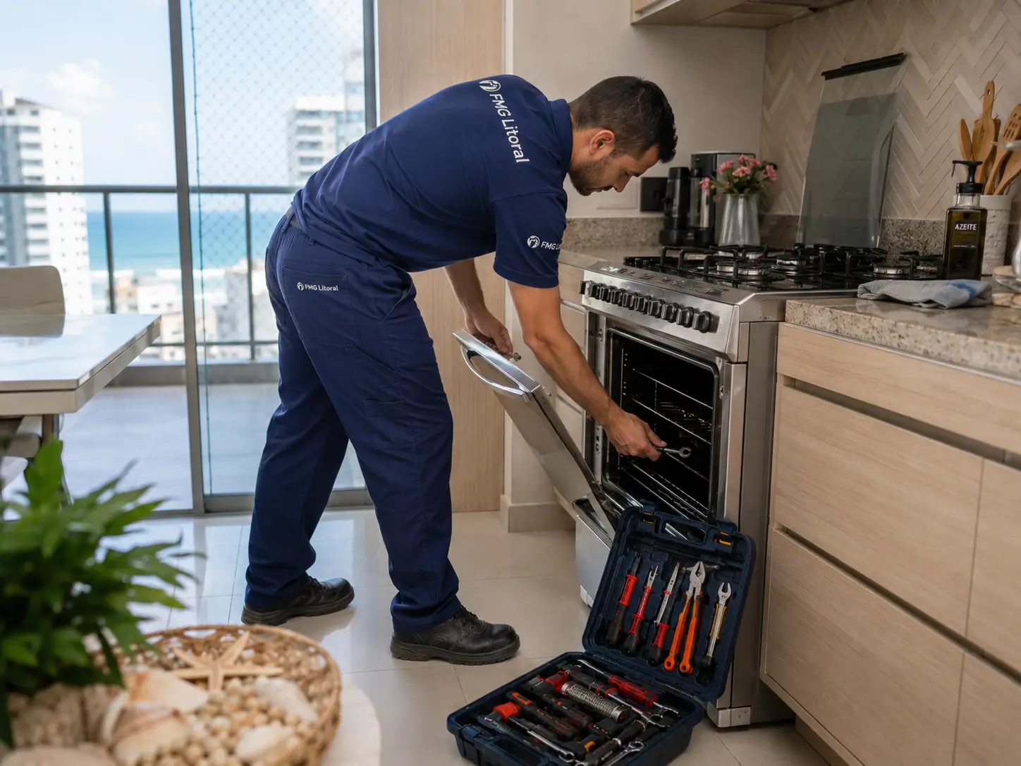 Técnico da FMG realizando manutenção em fogão e forno